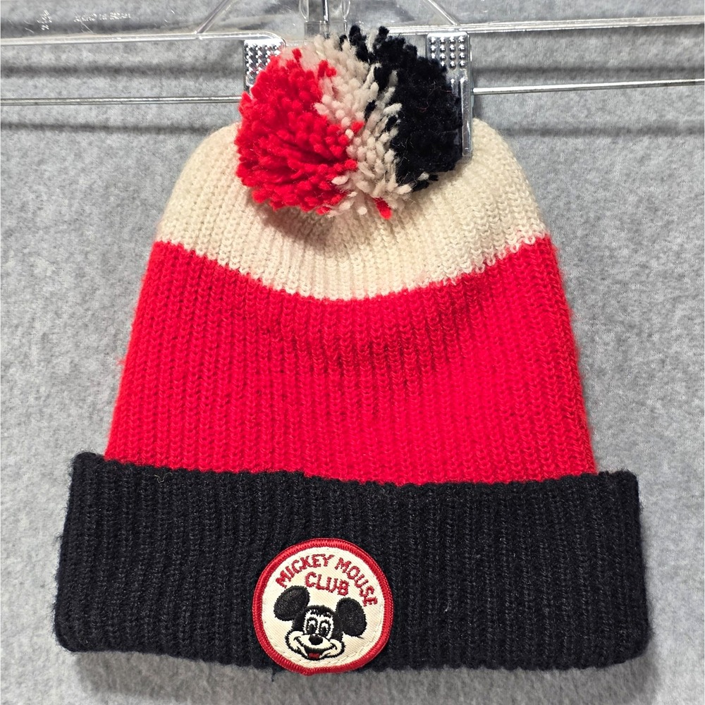 Disney Mickey Mouse Club Unisex Knit Beanie Pom Hat Red Black White Vintage